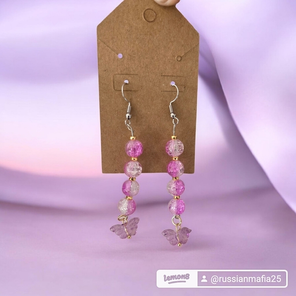 Elegant Pink Beaded Butterfly Earrings